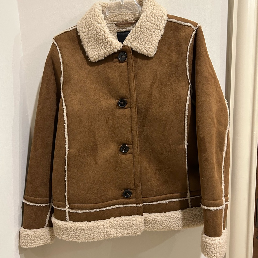 Talbots Brown Faux Shearling Jacket with Cream Trim
